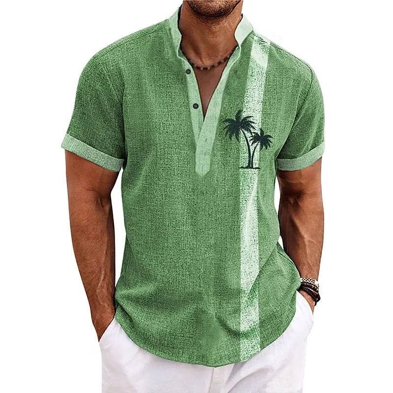 New Coconut Tree Striped 3D Print Henley Shirts Men's Oversized Button Stand Collar Short Sleeve T Shirt Tees Tops Man Clothing - AIAZ