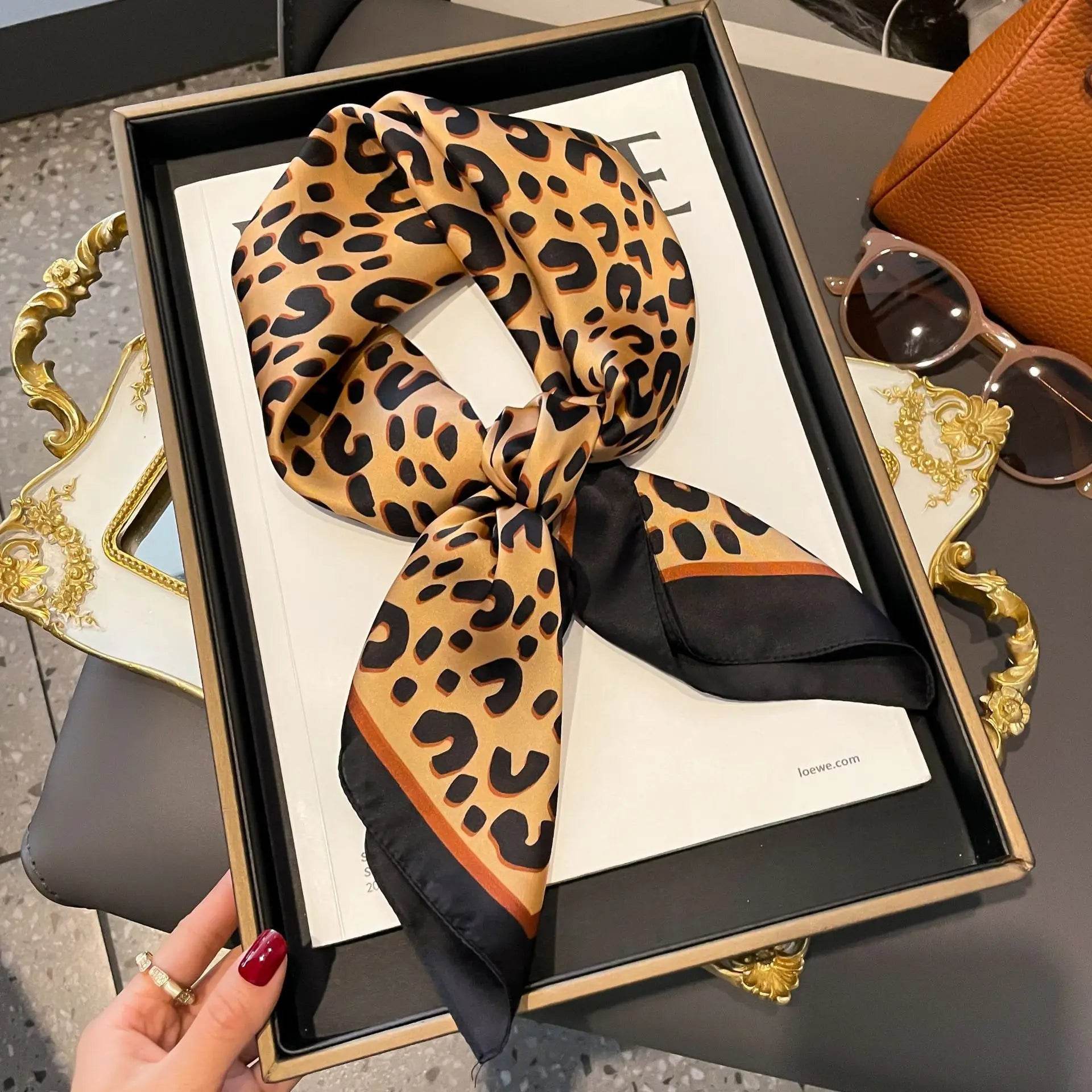 2024 New Leopard Print Square Scarf Women's Imitation Silk Scarf Casual Versatile Decoration Small Neck Scarf 70CMx70CM - AIAZ