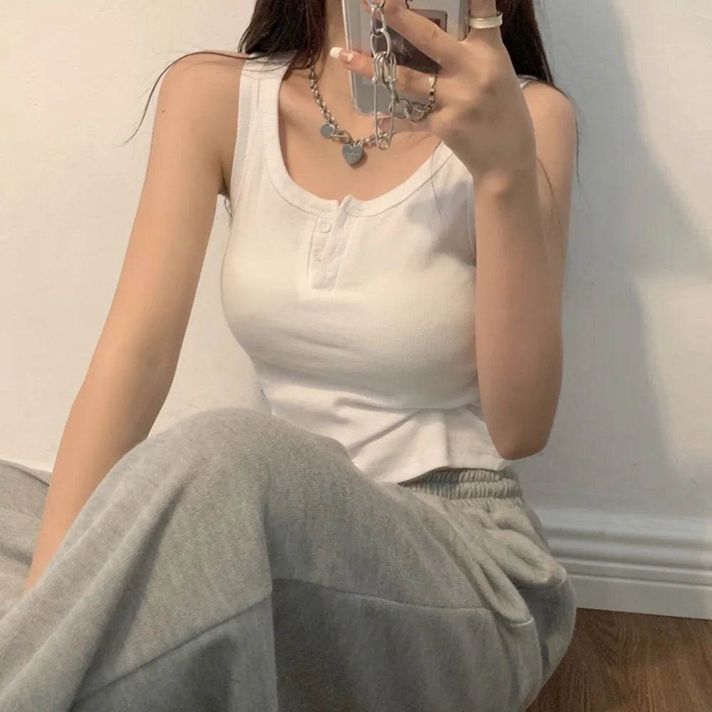 Tank Top for Women Ribbed Button Down Sleeveless Blouse Solid Color Casual Women's Teens Trendy Basic Summer Dresses - AIAZ