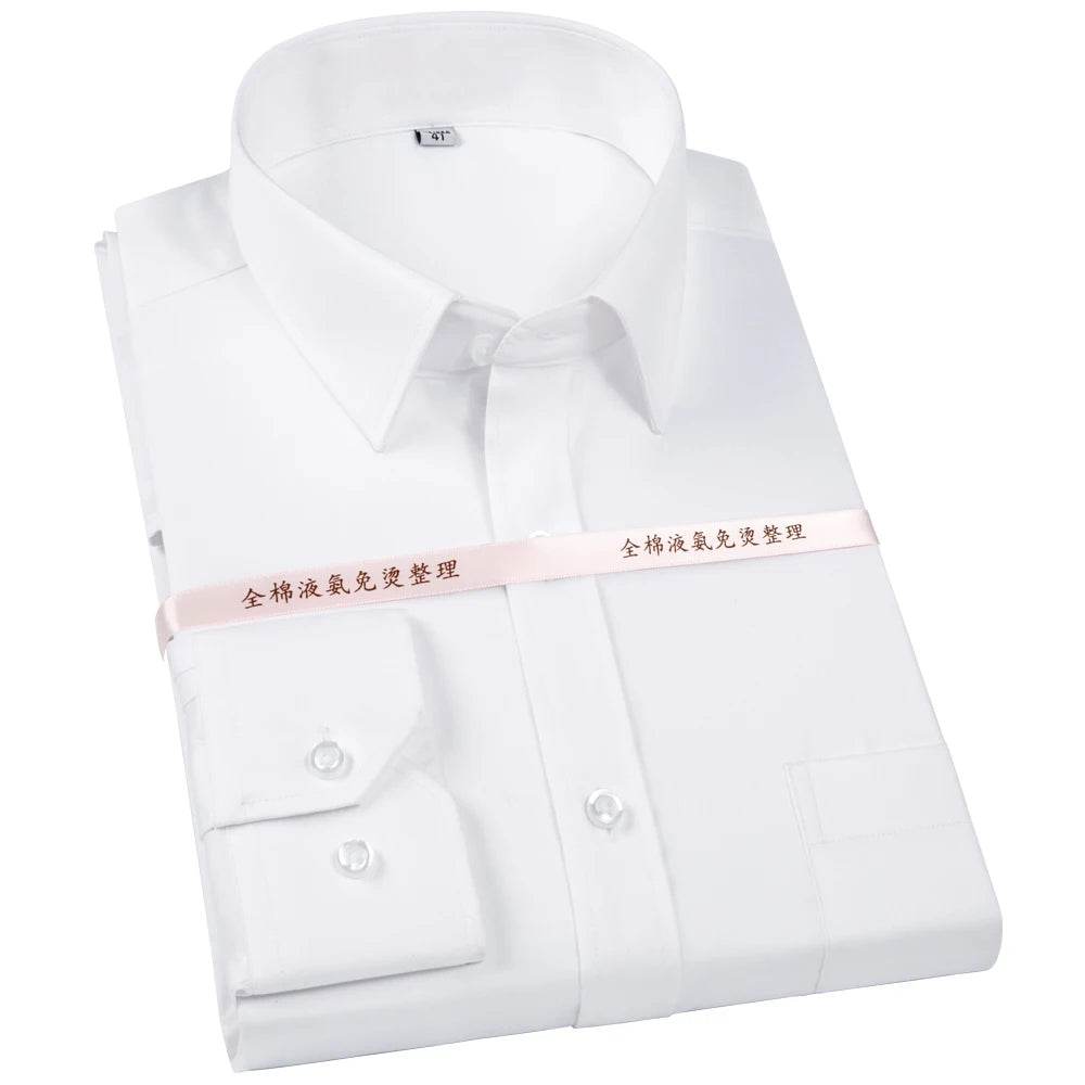 Men's Non Iron Standard-fit Solid Basic Dress Shirt Formal Business Premium 100% Cotton Male Long Sleeve Work Office Shirts - AIAZ