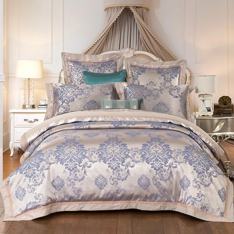 Sliver Gold Luxury Silk Satin Jacquard duvet cover bedding set queen king size Embroidery bed set bed sheet/Fitted sheet set