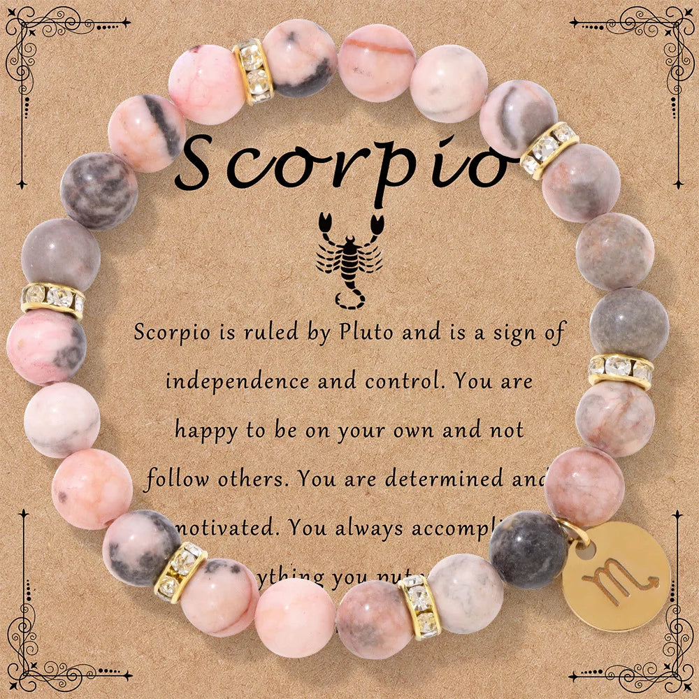 MHS.SUN 12 Star Zodiac Sign Pink Zebra Stone Beaded Bracelets Constellation Fashion Birthday Party Jewelry For Women Men