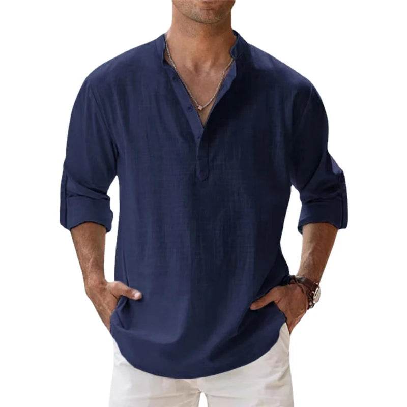 New Cotton Linen Shirts for Men Casual Shirts Lightweight Long Sleeve Henley Beach Shirts Hawaiian T Shirts for Men - AIAZ