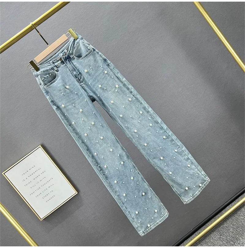 Denim Pants Fashion Beaded Jeans Wide-Leg Pants Female Tide 2025 New Spring And Summer High Waist Loose Mop Pants - AIAZ