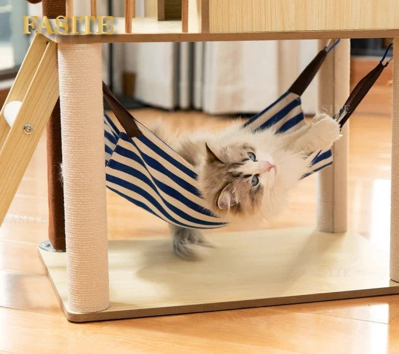 Luxury Cat House Two-Storey Villa Pet Cat Beds Hammock Coconut Tree House Wooden Pet Condos With Stairway Cat Scratching Posts