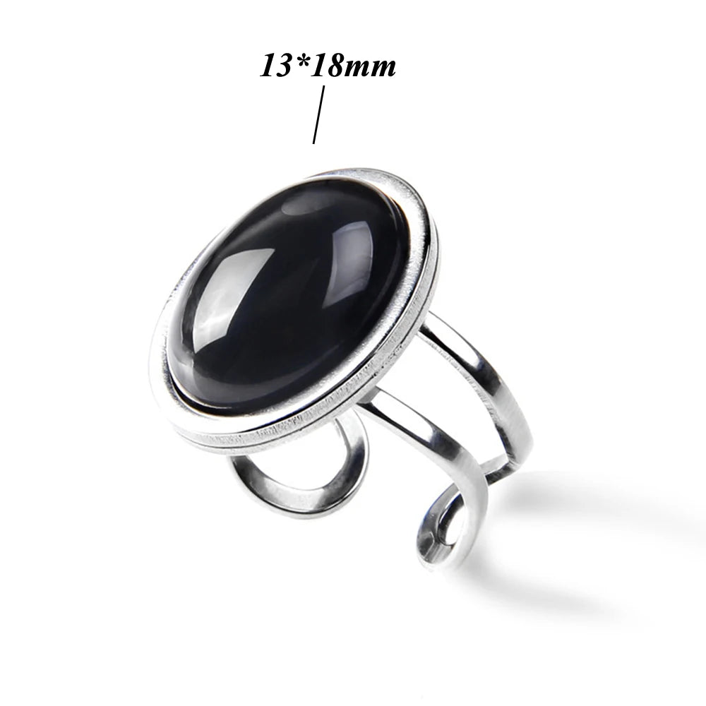 Cabochon Natural Stone Ring 10*14MM Oval Agates Turquois Quartzs Gem Finger Ring Silver Color Adjustable Open Rings Jewelry Gift