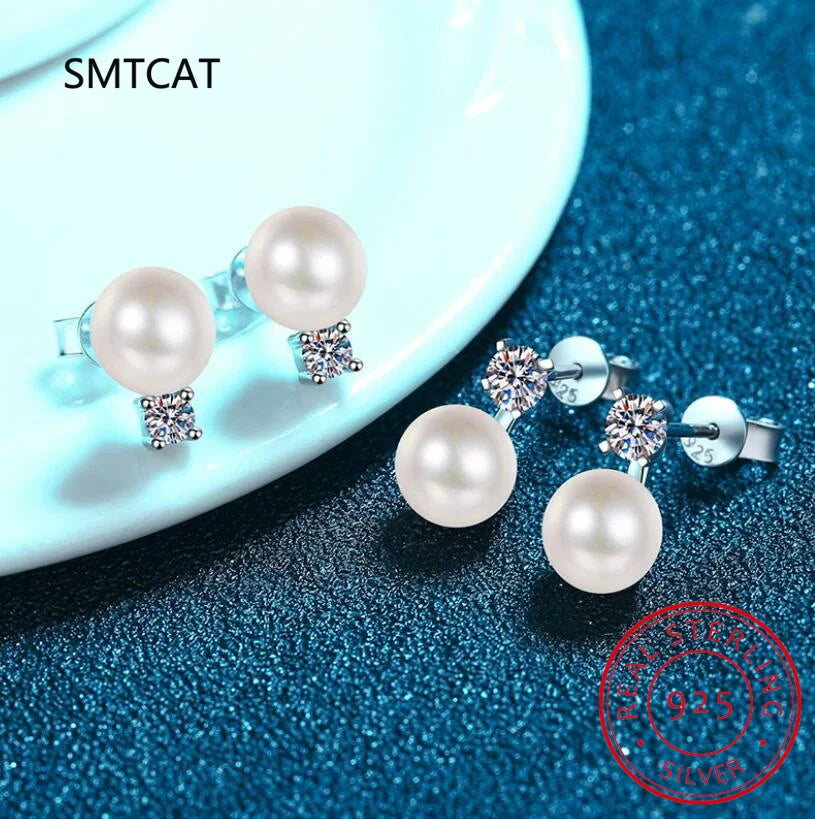 Trendy S925 Silver Natural Pearl Moissanite Earrings Women Jewelry Plated White Gold D Color Moissanite Stud Earrings
