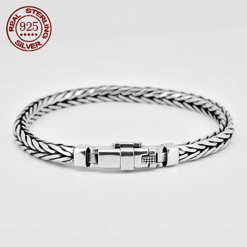 100% S925 Sterling Silver Handmade Woven Retro Domineering Style Personality Keel Man Woman Pure S925 Silver Bracelet Jewelry