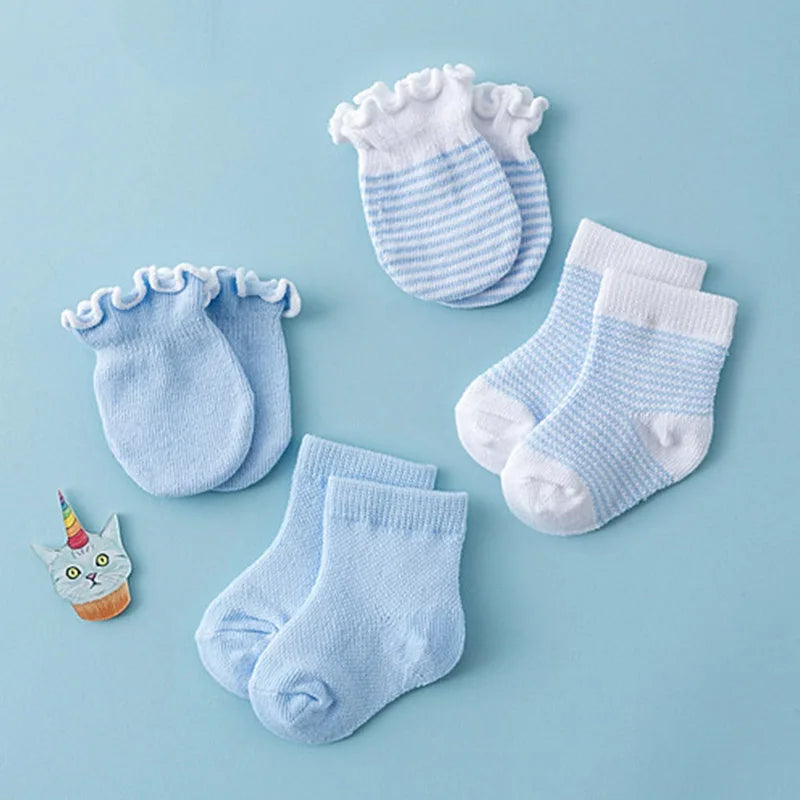 4Pair/Set Solid Color Baby Socks Gloves Set Cute Strip Elastic Infant Toddler Socks Soft Cotton Newborn Girl Boy Ruffle Mitten