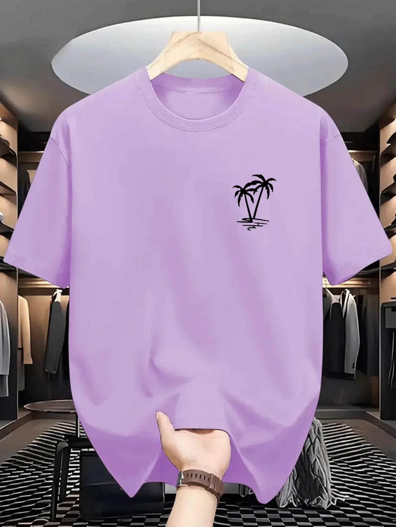 Men's summer 100% cotton fashionable casual loose coconut tree pattern printed sports round neck short sleeved T-shirt top - AIAZ