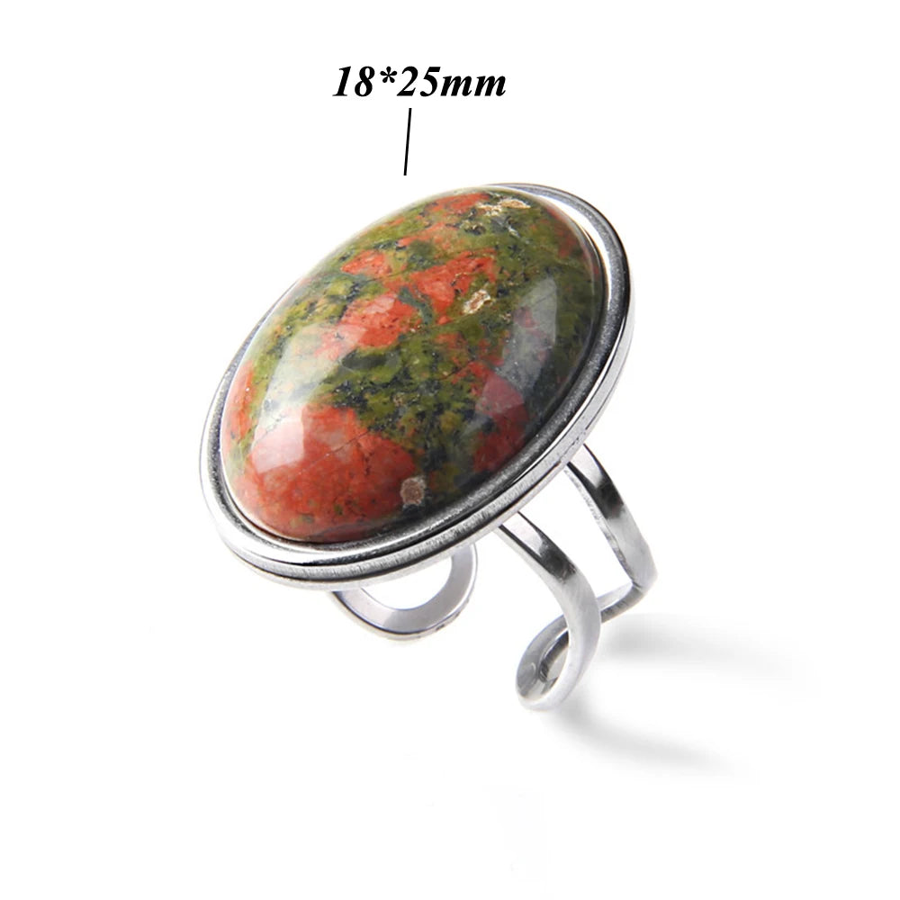 Cabochon Natural Stone Ring 10*14MM Oval Agates Turquois Quartzs Gem Finger Ring Silver Color Adjustable Open Rings Jewelry Gift