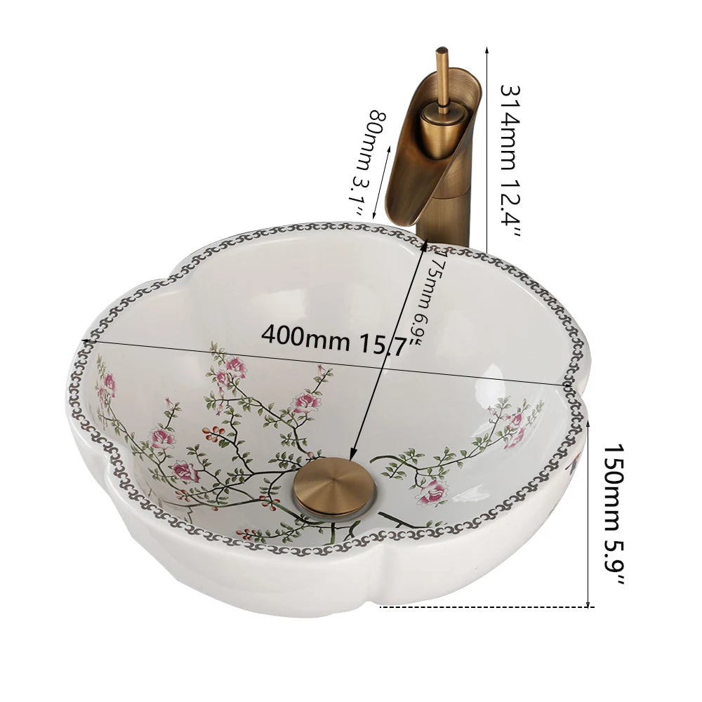 ZAPPO Above Counter Ceramic Vessel Sink For Bathroom Round Petal Shaped Flower & Bird Pattern Wash Basin Bowl Sinks With Faucet