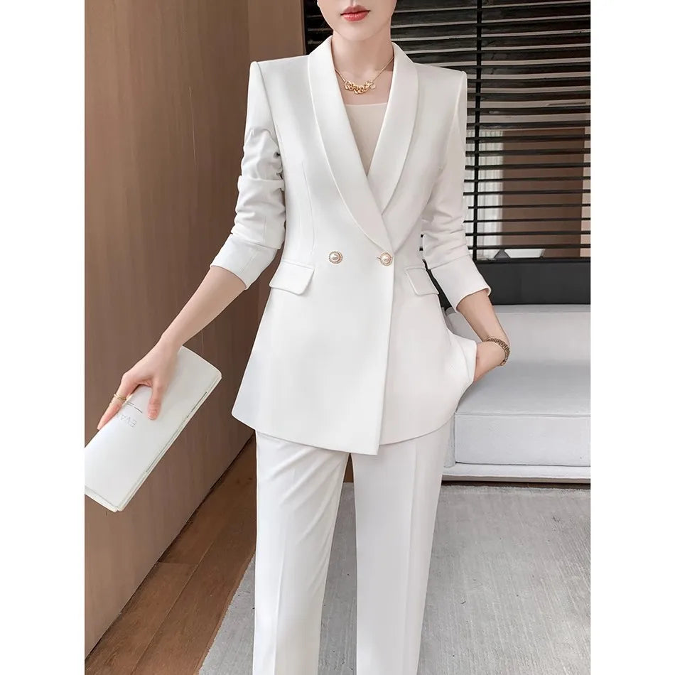 Solid White Suit Women 2025 New Spring Autumn Flares Pants High-Grade Slimming Business Clothing Sets Formal Suits Overalls