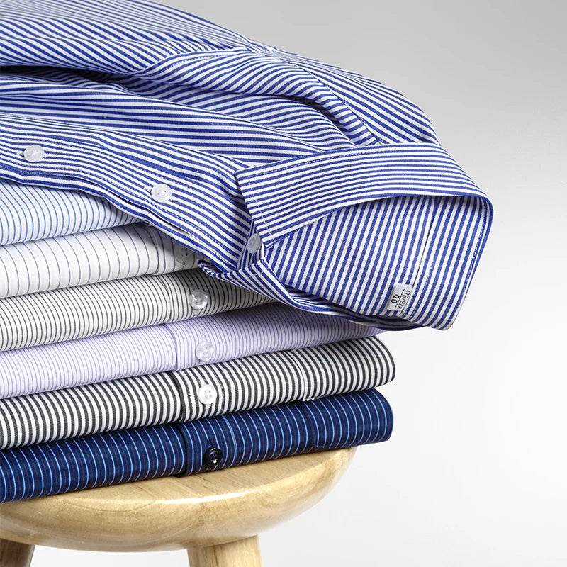 Men Formal Shirt Long Sleeve Office Solid Color Striped Anti-Wrinkle Fashion Business Pocket White Social Pocket Shirt S-4XL - AIAZ