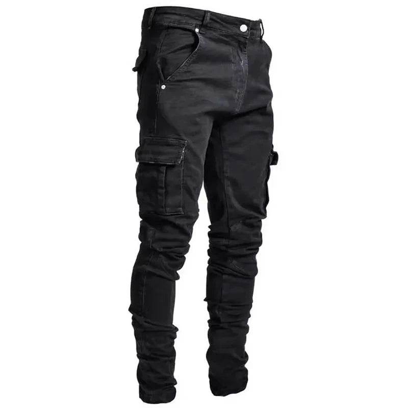 Men Street Elastic Denim Jeans Wash Solid Color Multi Pockets Cargo Pants Casual Slim Fit Daily Wear Joggers Mid Waist Trousers - AIAZ