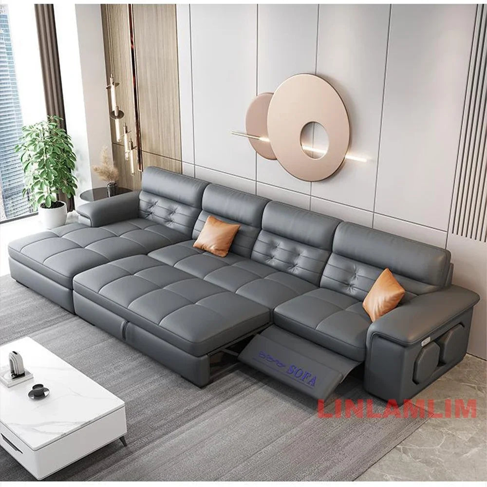 MINGDIBAO Sectional Sofa Bed with Storage, Genuine Leather Reclining Couch, Space-Saving Convertible Sleeper Sofa in Living Room