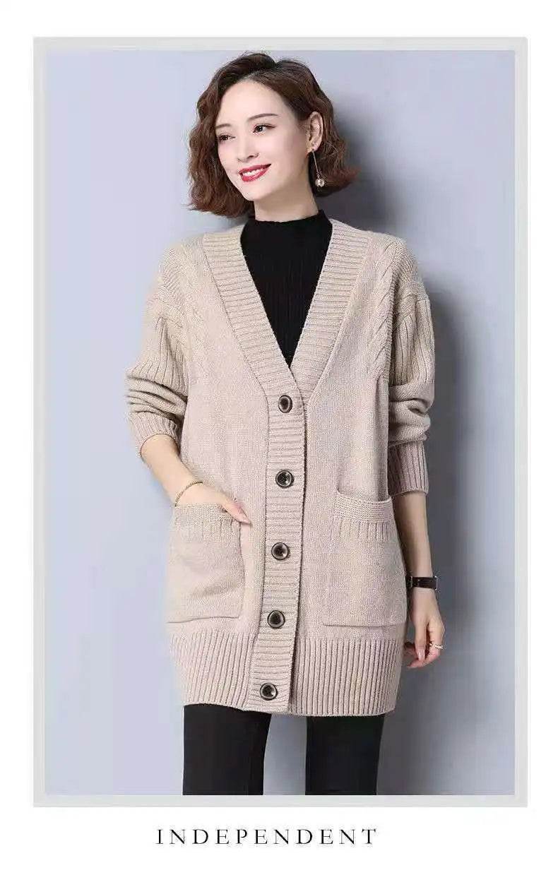 Knitted cardigan women's mid length westernized top autumn and winter new Korean version loose sweater age reducing jacket women - AIAZ