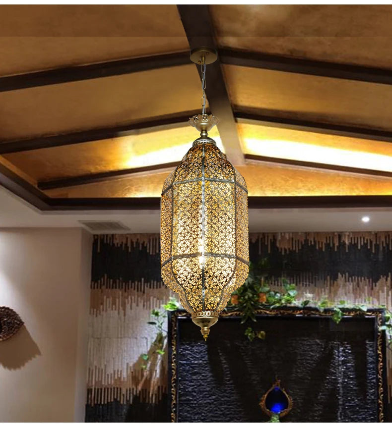 Vintage Antique Hollow Carving Pendant Lamp Southeast Asia Moroccan Golden Hanging Light Restaurant Bar Industrial Pendant Light