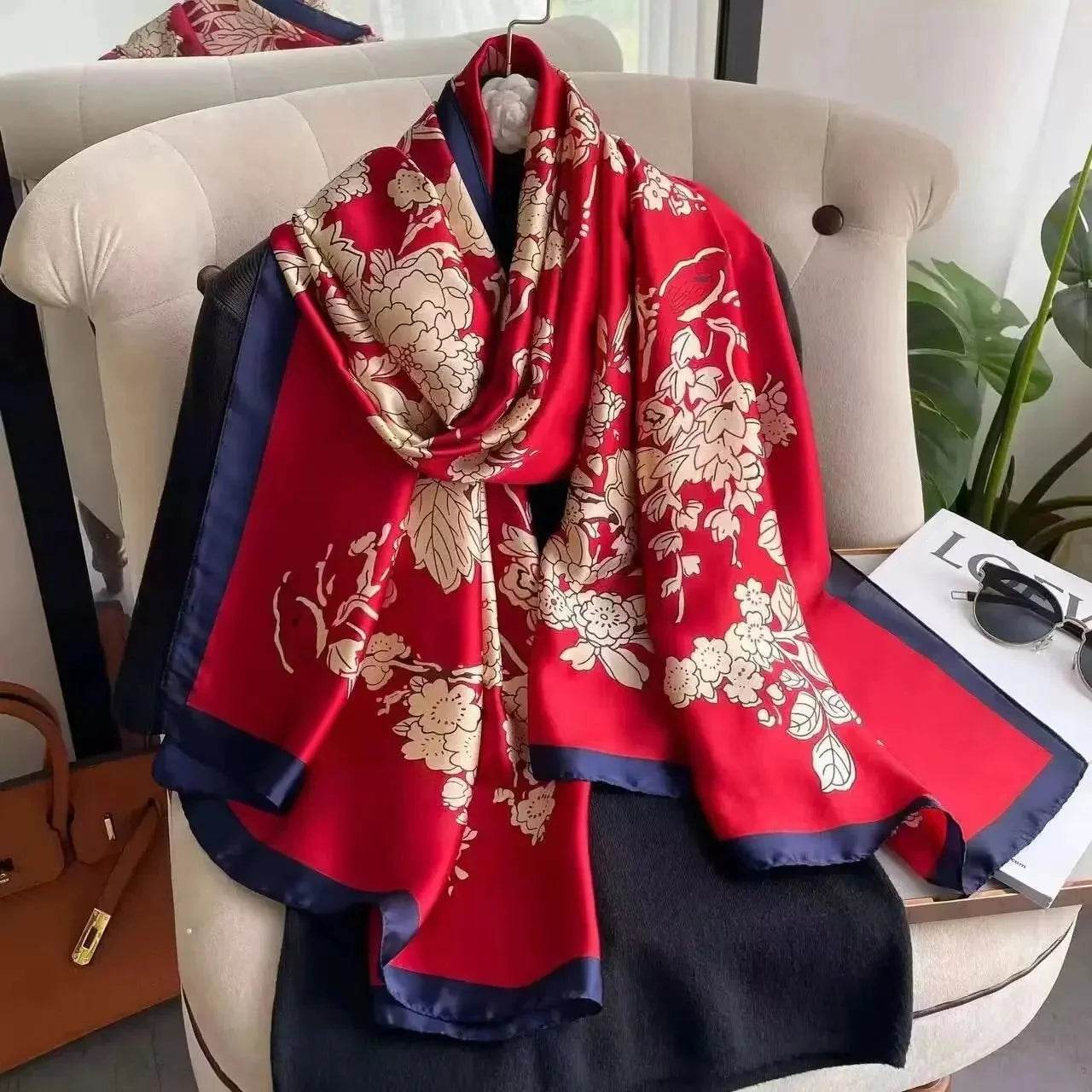 New Summer Women's Silk Scarf Sun Protection Satin Print Extra Long Beach Cover Up Decorative Mom's Shawl Fashionable Accessory - AIAZ