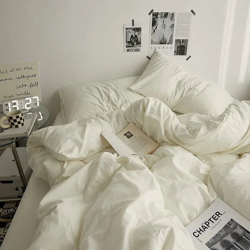 High Quality Solid Color Double Washed Cotton Bedding 4 Pieces Set Student Dormitory Bed Linen Duvet Set Bed Suit