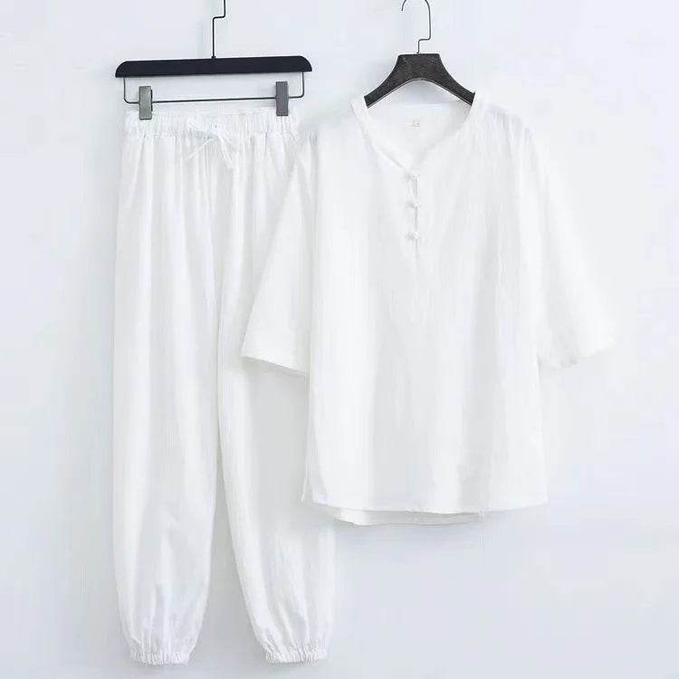 New Men's Cotton Linen Sets Chinese Style Solid Short Sleeve Pants Two Pieces Traditional Clothes Kung Fu Uniform Tang Suit Male - AIAZ