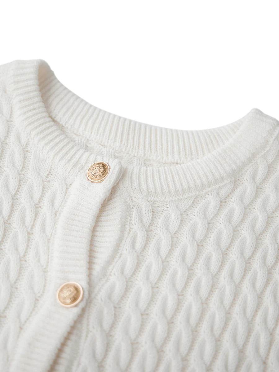 Women's Cable Knit Cardigan Solid Color Round Neck Short Sleeve Button-front Closure Crop Sweaters - AIAZ