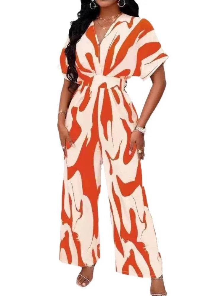 Women Fashion Jumpsuit Short Sleeved High Waist Sexy V-neck Print Wide Leg Long Pants Jumpsuits Summer New Casual Women Clothes - AIAZ
