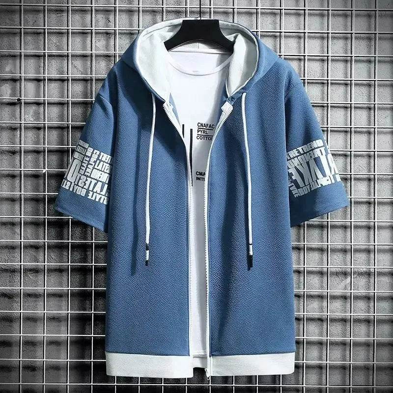 Fashion Men's Hoodies Summer Men Clothing T-shirt Zipper Hood Cartoon Casual T Shirt Print Hooded Top Short Sleeve Men - AIAZ