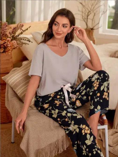 Breathable 2PCS Pajama Short Sleeve Printed Pijama Mujer Femme Loose Nightwear Suit Female Casual Homewear Pajama Set For Women - AIAZ