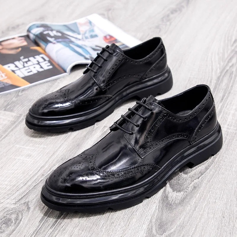 Mens Leather Dress Shoes Brogue Design Business Casual Shoes Spring Fashion Thick Sole Oxfords