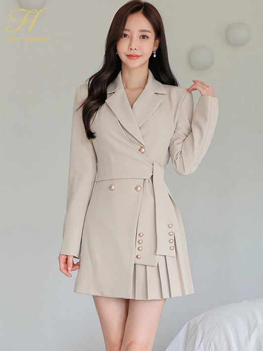 H Han Queen Autumn Winter Dresses Korean Lace-Up Professional Jacket Vestido Elegant Fashion Slim Office Party Casual Dress