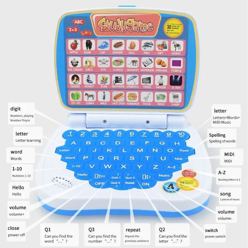 English Learning Small Laptop Toy for Kids 2-3 Years. Boys and Girls Computer for Aphabet ABC.Numbers.Words.Spelling.Maths.Music - AIAZ
