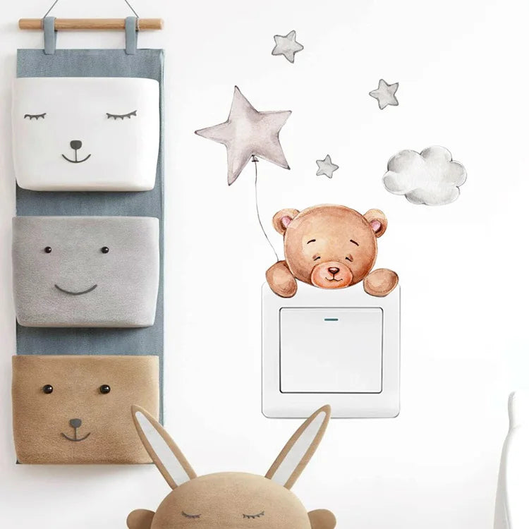 Cartoon Animal Bear Star Switch Sticker For Kids Room Decoration Decals Bedroom Home Decor Wallpaper Self-adhesive Wall Mural