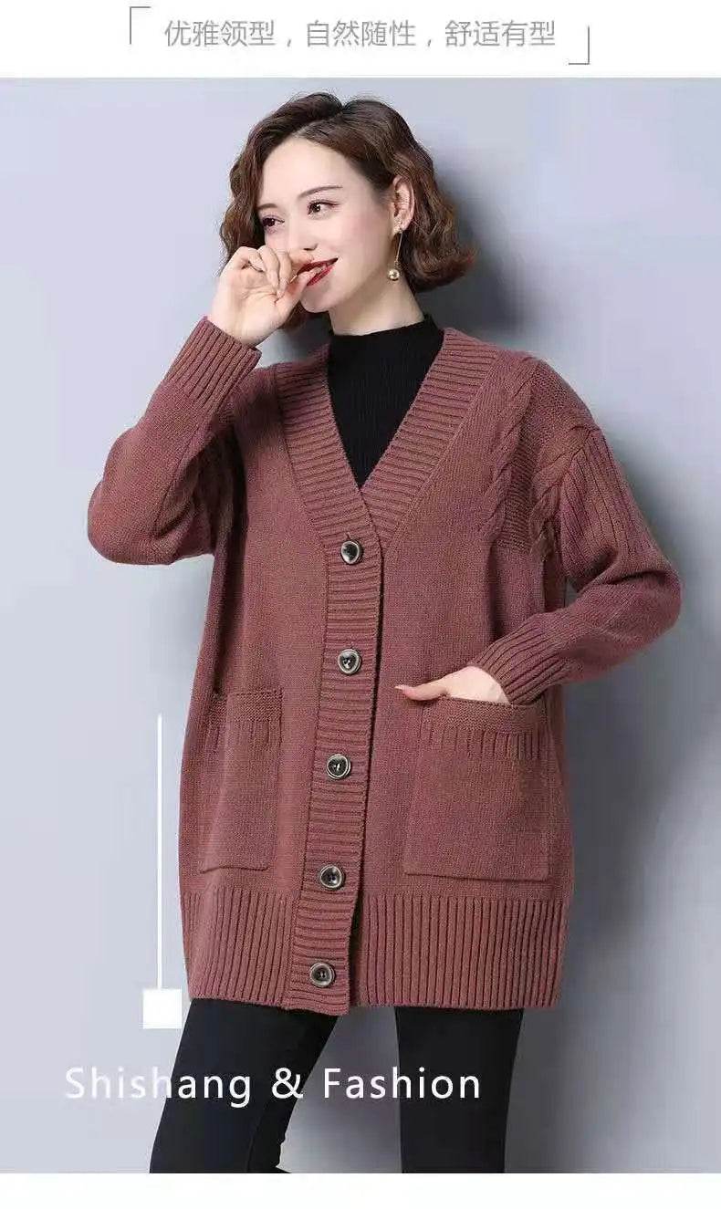 Knitted cardigan women's mid length westernized top autumn and winter new Korean version loose sweater age reducing jacket women - AIAZ