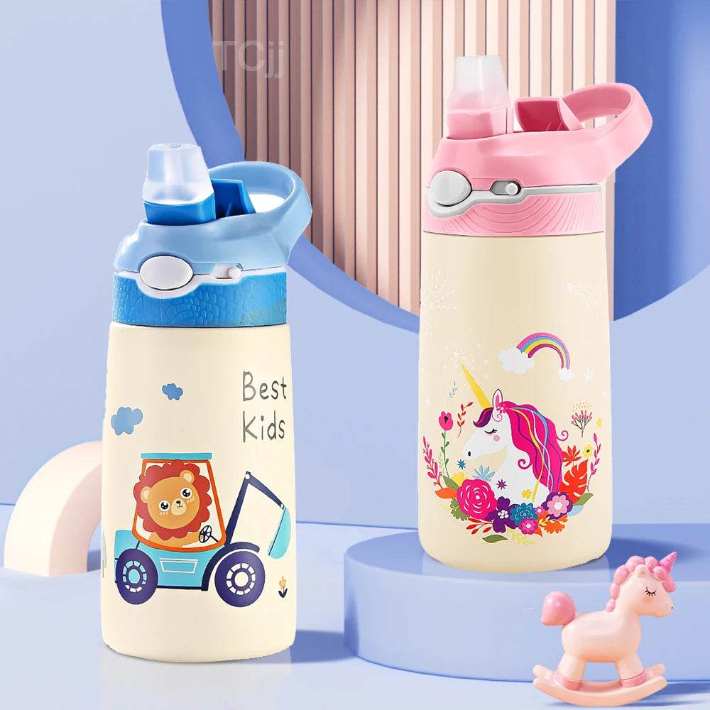 400ML Kids Water Bottle Cartoon Animal Children's Cup With Straw Stainless Steel Vacuum Flacks Thermos Bottle Thermal Mug Cups - AIAZ