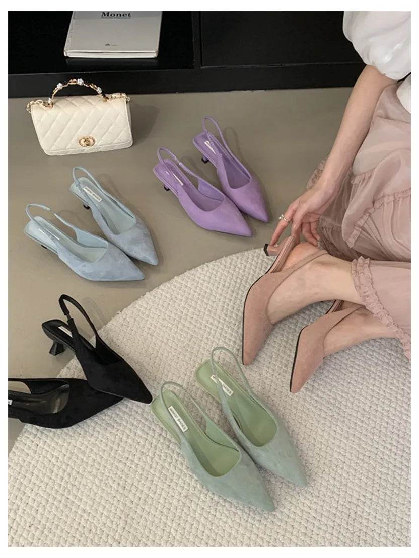 Fashion Brand Slingback Sandals Women Med Heels Pumps Elegant Pointed Toe Female Mules Dress Slides Sandalias Mujer Verano Mujer - AIAZ