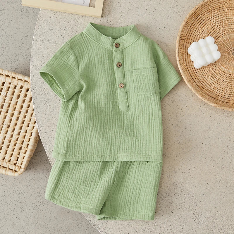 Suefunskry Toddler Boys Summer 2Pcs Casual Outfits Solid Color Short Sleeve Button Tops and Elastic Waist Shorts Sets 6M-4Y