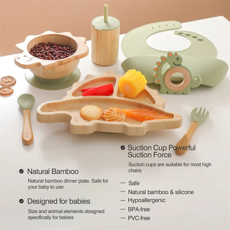 7pcs Silicone Baby Feeding Set Baby Feeding Supplies Kids Bamboo Dinnerware With Cup Children's Dishes Bowl Stuff Tableware Gift