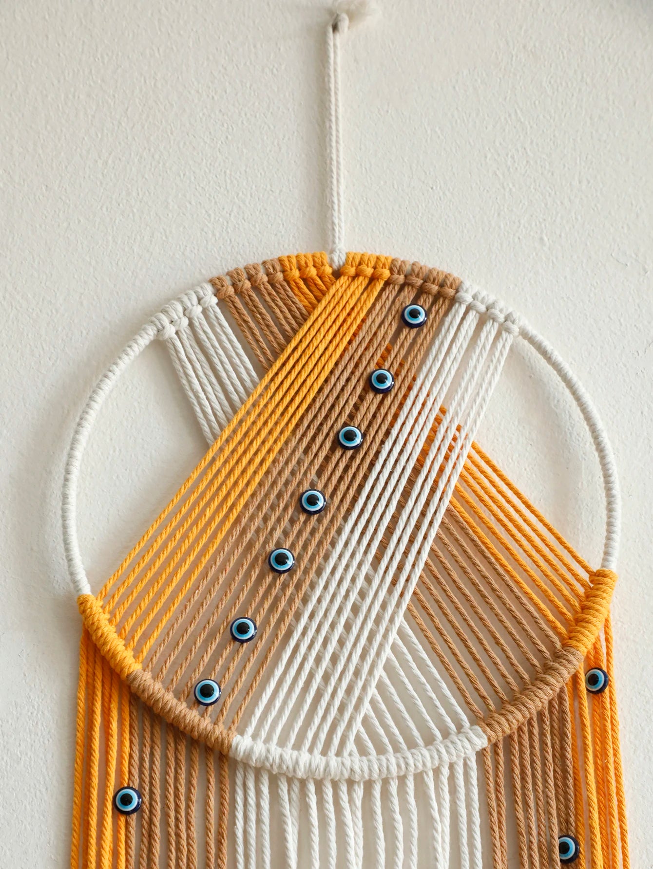 Handmade Macrame Wall Hanging with Fringe and Evil Eye Beads – Boho Chic Yarn Tapestry Home Bedroom Living Room or Nursery Decor
