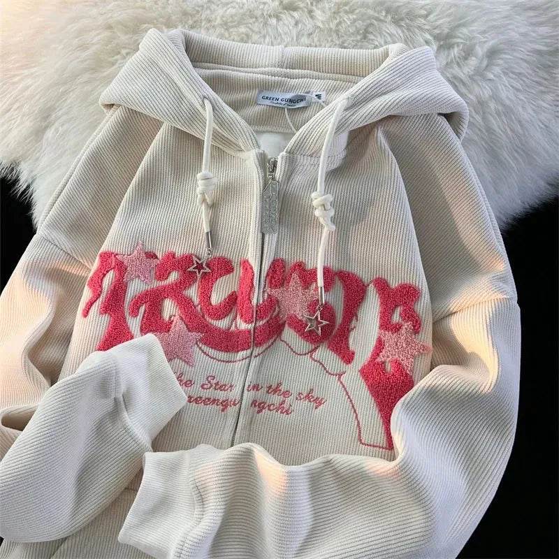 Fashion Embroidery Zip Up Hoodies Women Autumn Long Sleeve Tops Loose Hood Shirt Harajuku Y2K Clothes Female Sweatshirt Jacket - AIAZ