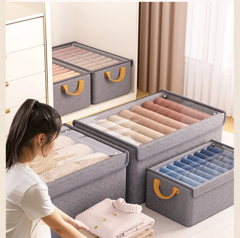 Collapsible Clothing Organizer Folding Clothes Storage Basket with Cover Metal Frame Underwear Storage Box Wardrobe Organizer