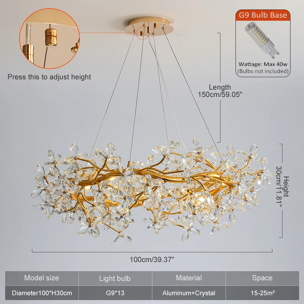 Modern Ceiling Chandelier Light Gold Crystal for Living Room Bedroom Transparent Flower Chandelier Indoor Lights Home Decor