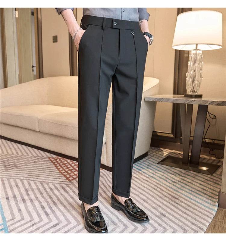 Men's business casual trousers, daily formal work pants, 2024 new high quality, plain color versatile ankle-length trousers. - AIAZ