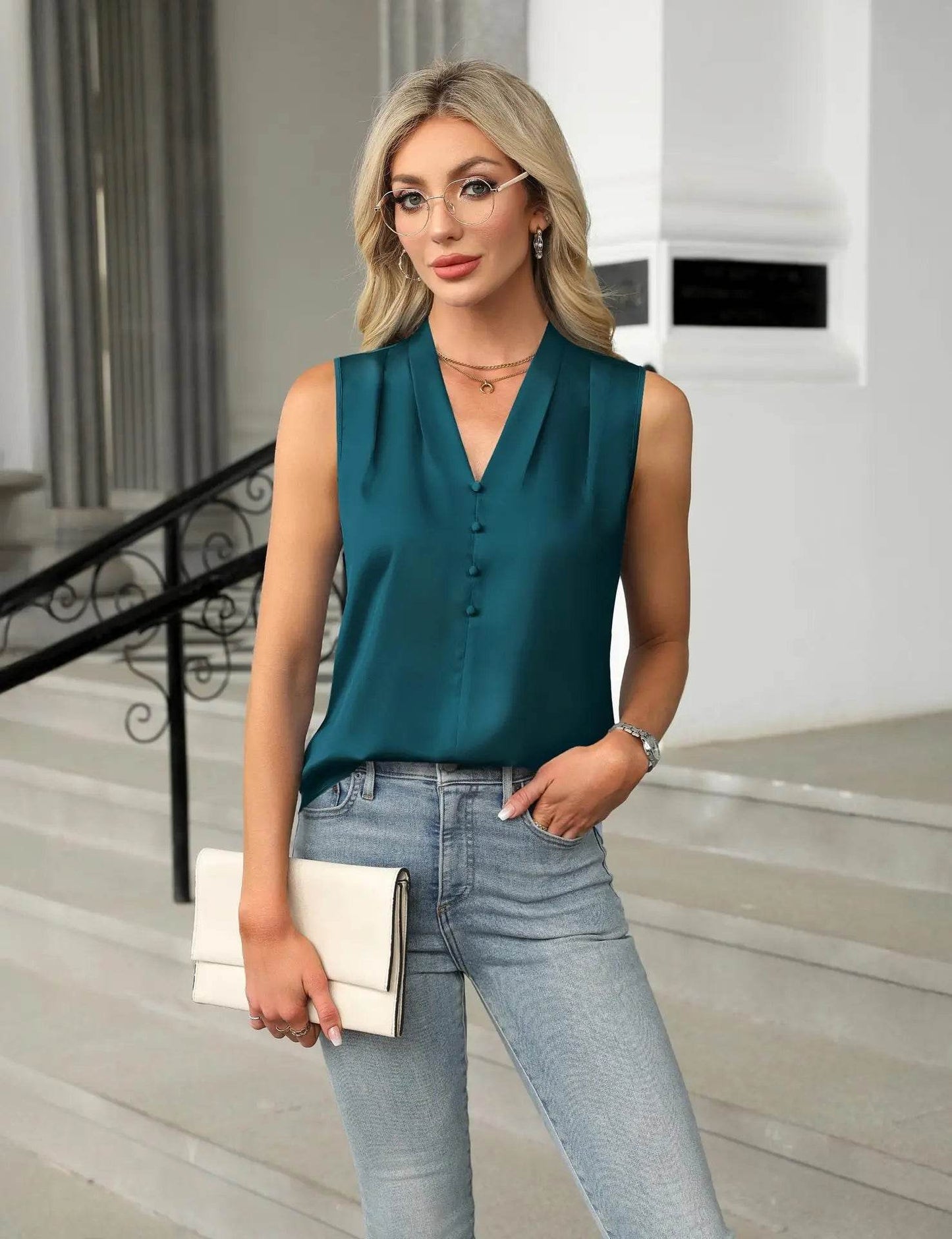 2025 Women's Blouses Summer Fashion Elegant Temperament Satin Work Tank Shirts Casual Button V-Neck Sleeveless Vest Black Tops - AIAZ
