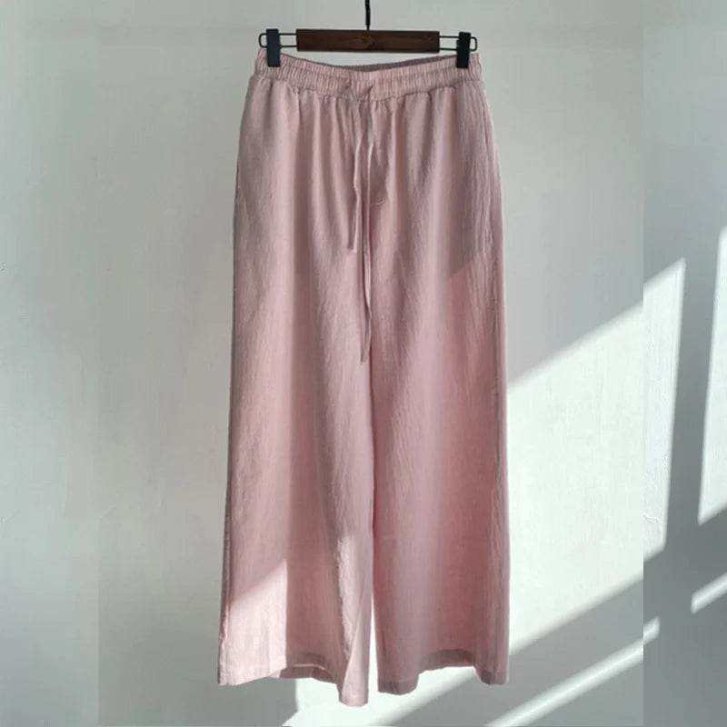 Pants Set Women Shirts Wide Leg Elastic Waist Cotton Linen Casual Sets Elegant Loose Long Sleeve Lapel Spring Shirt Y2k Suit - AIAZ