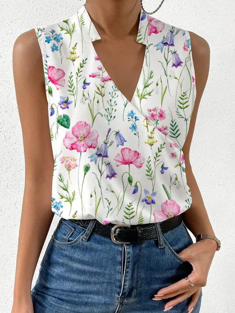 Fashion V-neck Sleeveless Print Women Tops And Blouses 2024 Summer Casual White Tank Top Femme Shirt Top - AIAZ