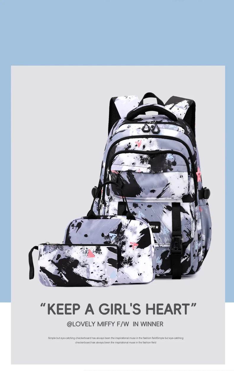 Middle School Student Backpack Children Set School Bags for Girls Kids Schoolbags Waterproof Book Bag With Lunch Bag Pencil case - AIAZ