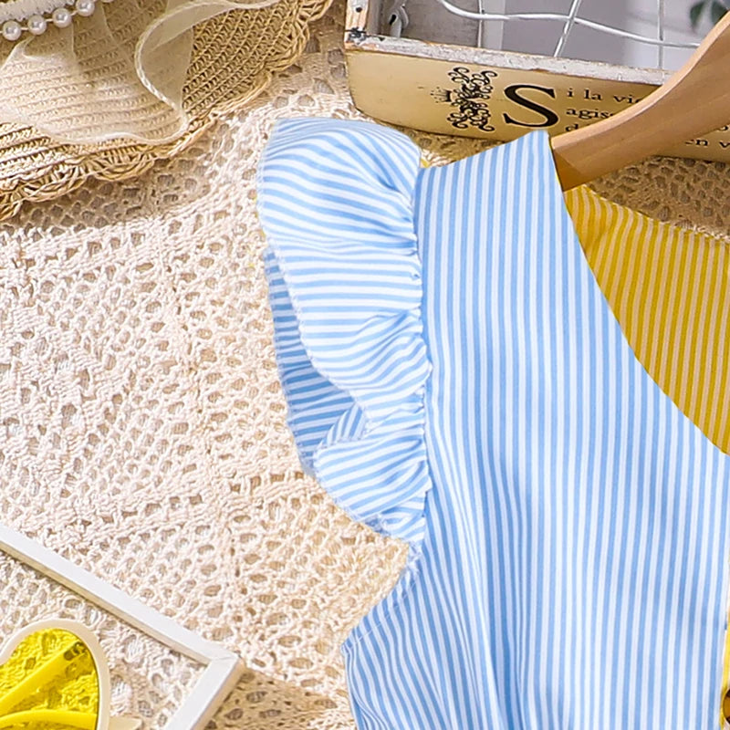 Girl Dress Summer New Light Blue Stripe Ruffled Sleeveless V-Neck Dress Elegant Cute Daily Casual Vacation Preppy Style Outifits