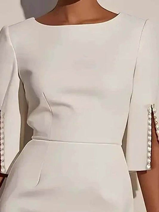 Elegant Women Fashion O-neck Solid Color Commuter Dress Hight Waist Slimming Long Dresses Beaded Split Half Sleeves Party Dress - AIAZ