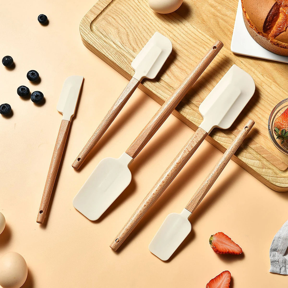 5pcs Wooden Handle Silicone Scrapers Set High Temperature Resistant Cream Cake Spatula Baking Scraper Shovel Kitchen Bakeware